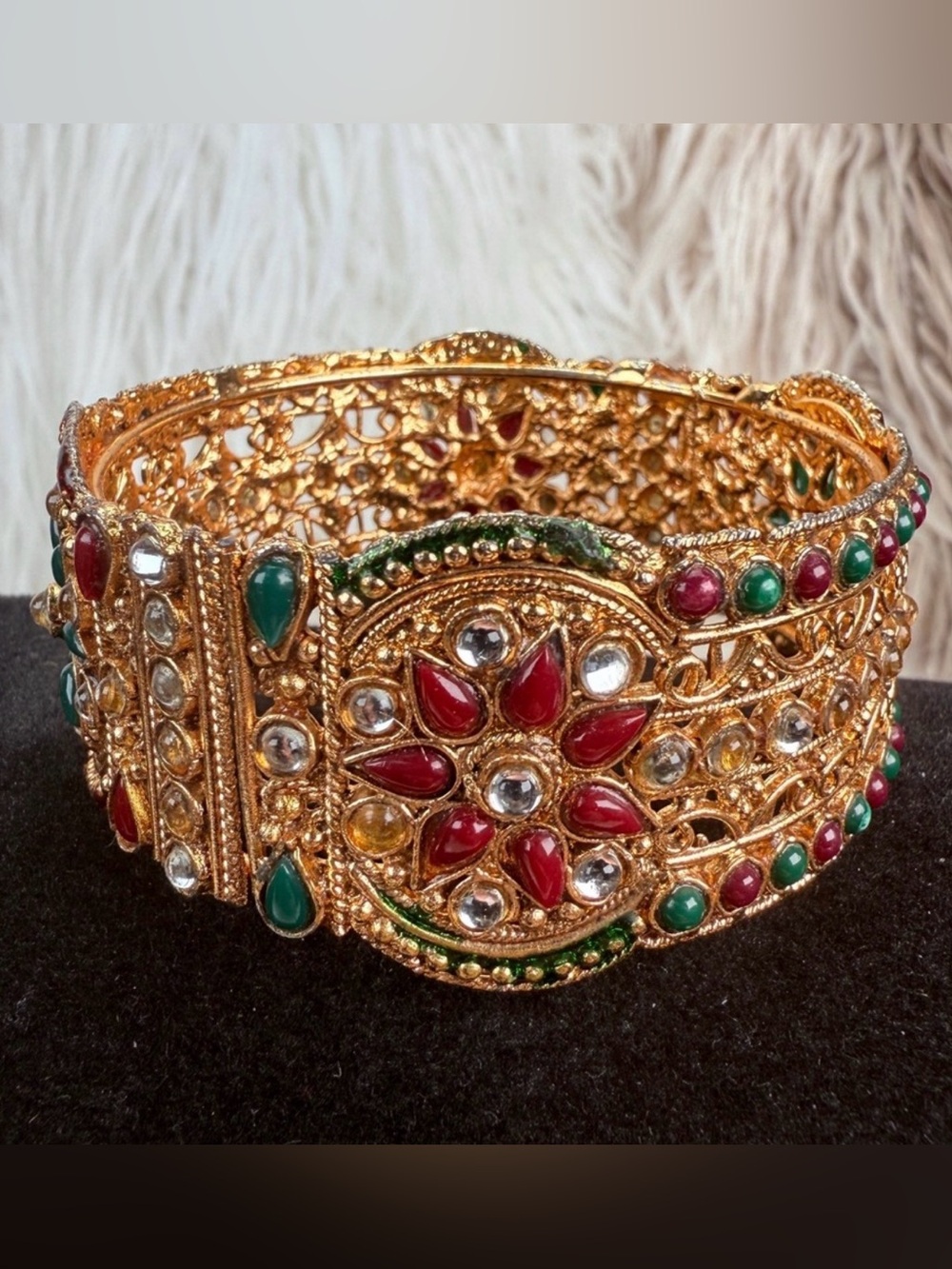Vintage aged goldtone, green rust accent, ethnic wide, bangle bracelet